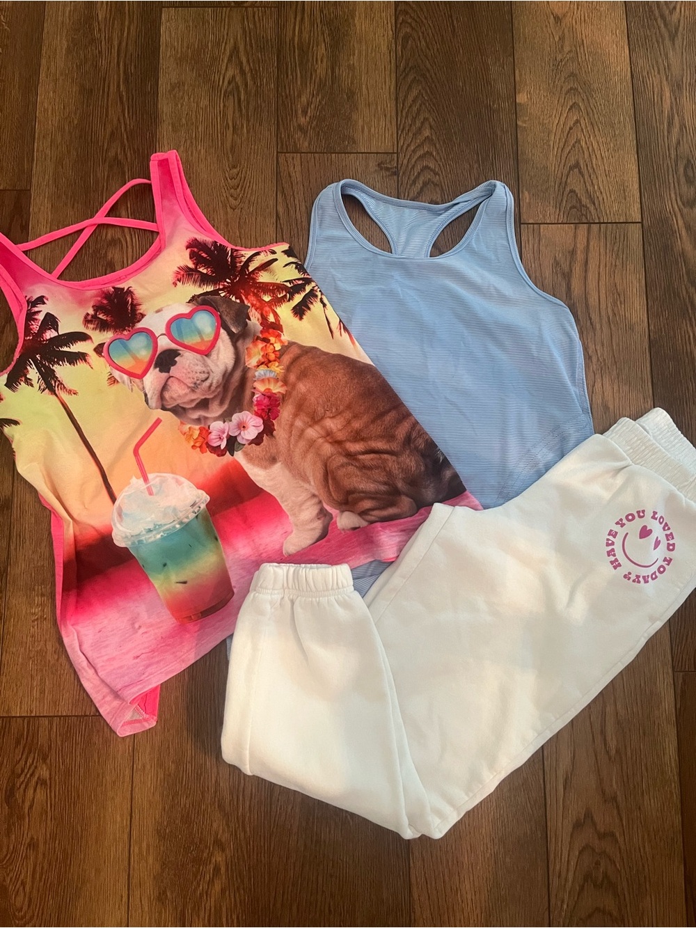 Justice Girls Pink Tropical Bulldog Tank, Blue Tank & White Joggers Set